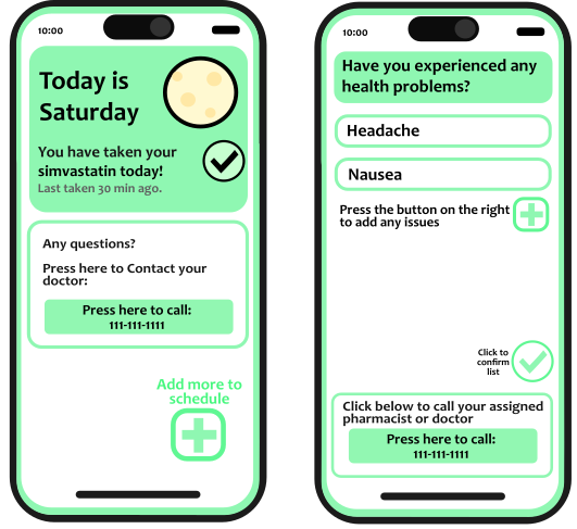 Dose completed and symptom tracker screens.